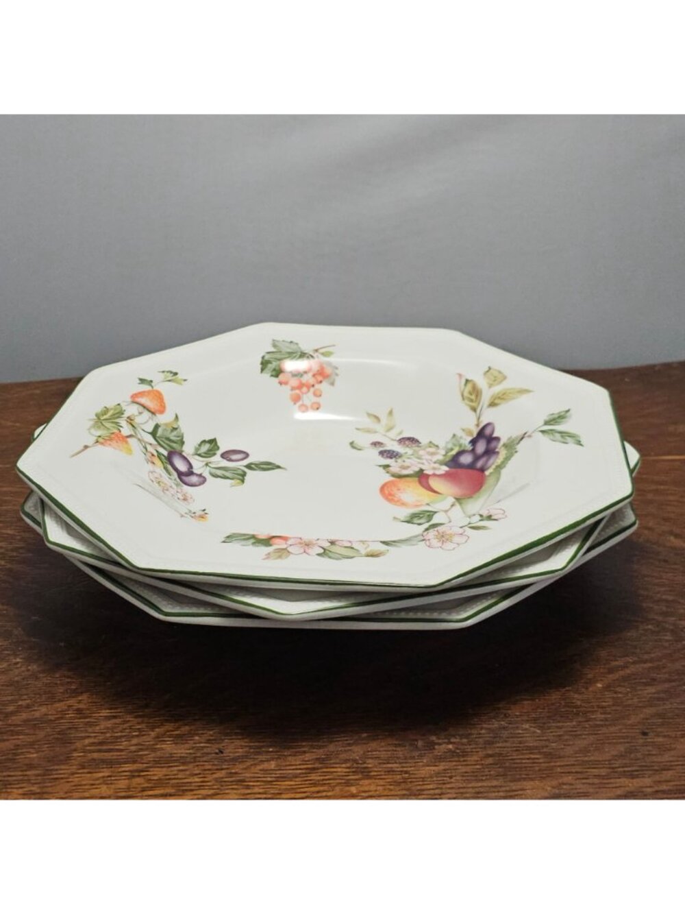3 Johnson Brothers Fresh Fruit Bowl 9" large rim octagonal soup pasta green rim - Picture 2 of 9